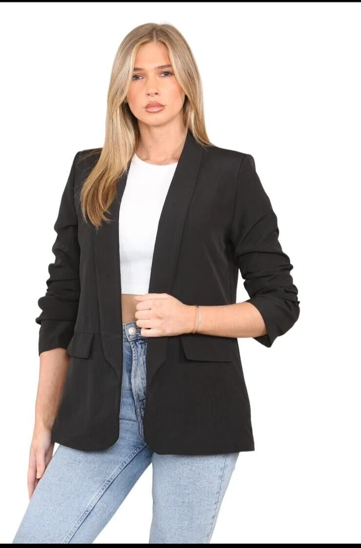 Women Ruched Sleeve Fully Lined Blazer Collared Casual Ladies Formal Jacket Top