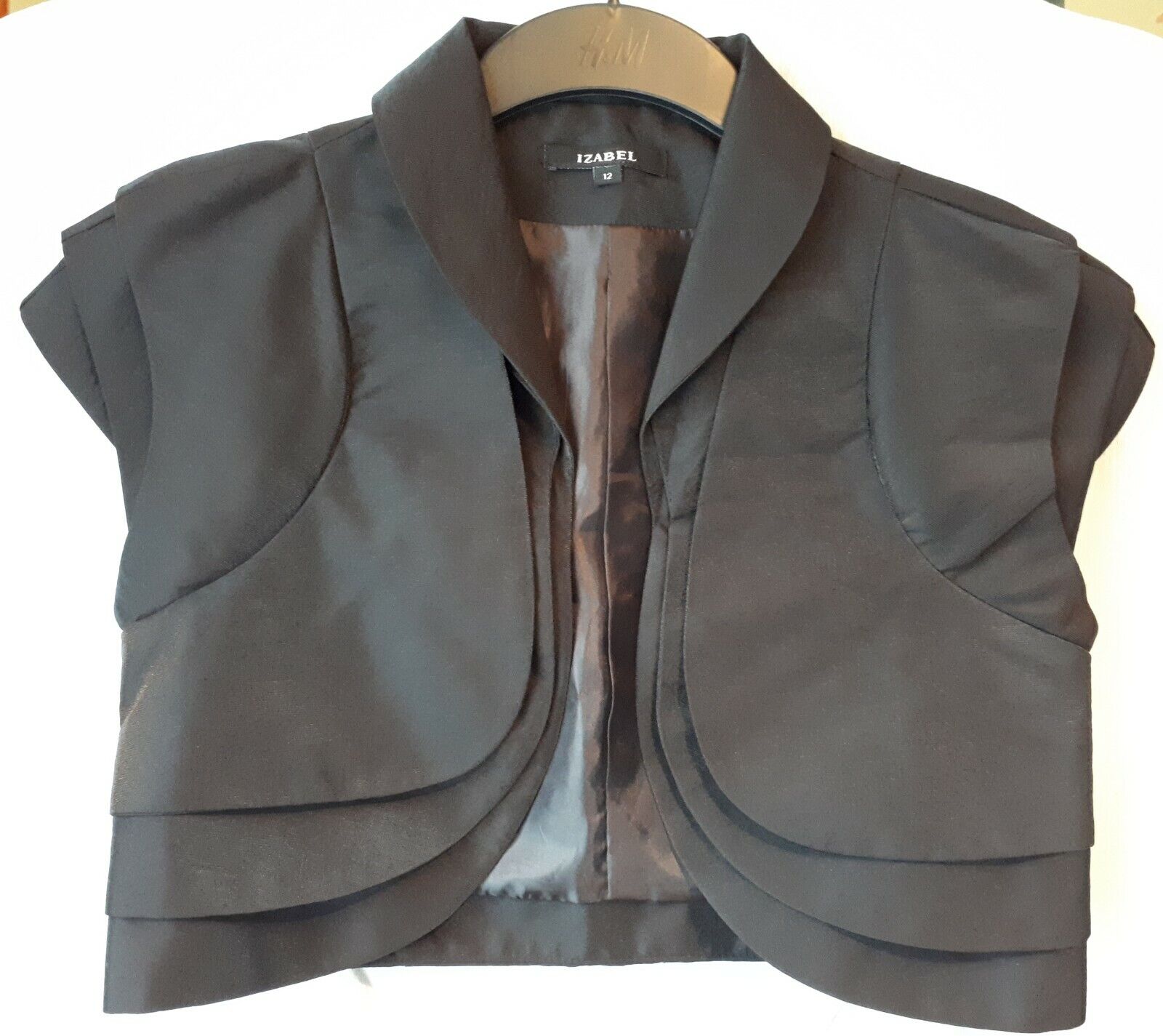 Smart evening cropped black bolero jacket by Izabel size UK 12 u
