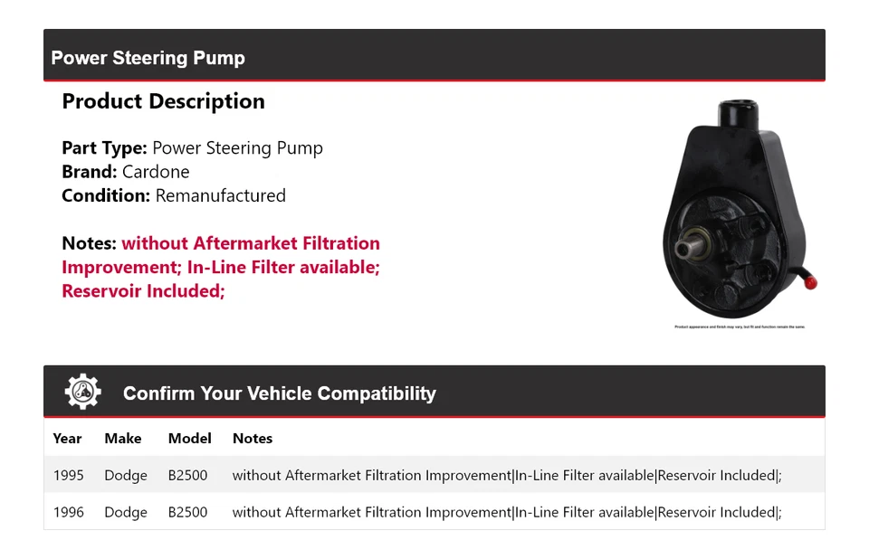 For 1995-1996 Dodge B2500 Power Steering Pump Cardone - Image 2 of 4