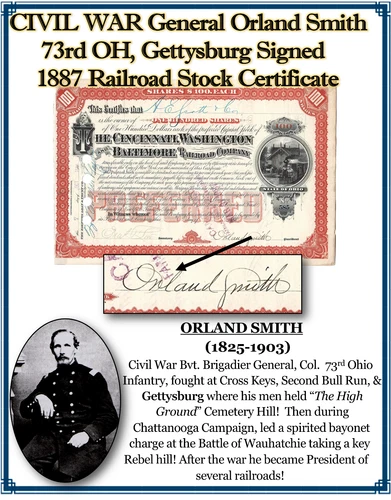 CIVIL WAR General O. Smith, 73rd OH, Gettysburg, 1887 Signed Stock Cert.