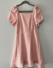 LOFT Tie Back Flounce Flare Dress in Pink Square Neck Puff Sleeve Women's Size 6