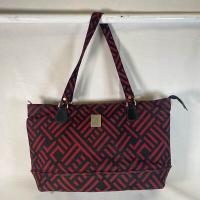 Jenni Chan Luggage Tote Work Briefcase Laptop Bag Black W/ Red Geometric Print