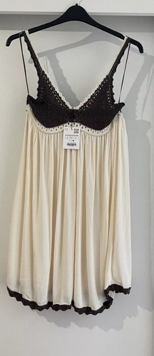 ZARA ECRU BROWN THIN STRAPS CONTRAST CROCHET MINI KNIT DRESS SIZE L BNWT - Picture 3 of 11