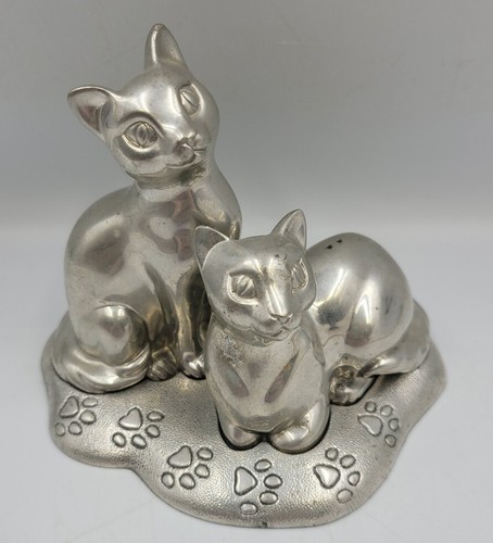 Lenox Kirk Stieff Pewter Cat Salt & Pepper Shakers w/ Base Set READ Vtg