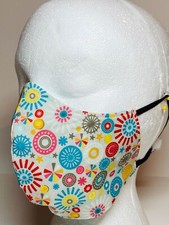 Washable reusable face mask homemade multicolor star burst w/ blue with elastic
