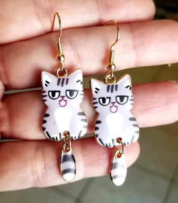 Adorable Gray Cat Dangle Earrings, Cat Earrings, Cat Lover Gift, Cats, Kitty Cat