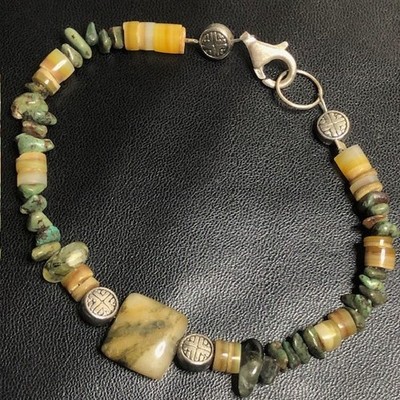 9702 Sterlingsilber Türkis Achat Perlen Armband 7,5 Zoll Handarbeit