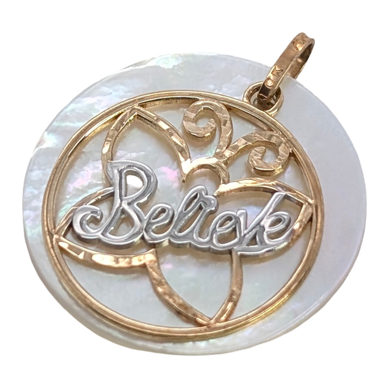 ESTATE SOLID 10K YELLOW GOLD BELIEVE BUTTERFLY MOTHER OF PEARL PENDANT #7898