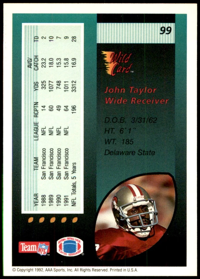 John Taylor 1992 Wild Card #99 49ers NFL READ FREE SHIPPING AutographDen - Image 2 of 2
