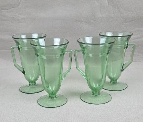 4 Vintage Fostoria Priscilla Vaseline Green Glass Footed Handled Tumblers Mugs