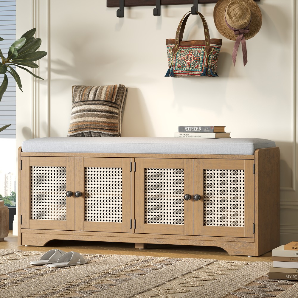Storage Bench with Cushion Features Woven Rattan Door Panel Adjustable Shelves