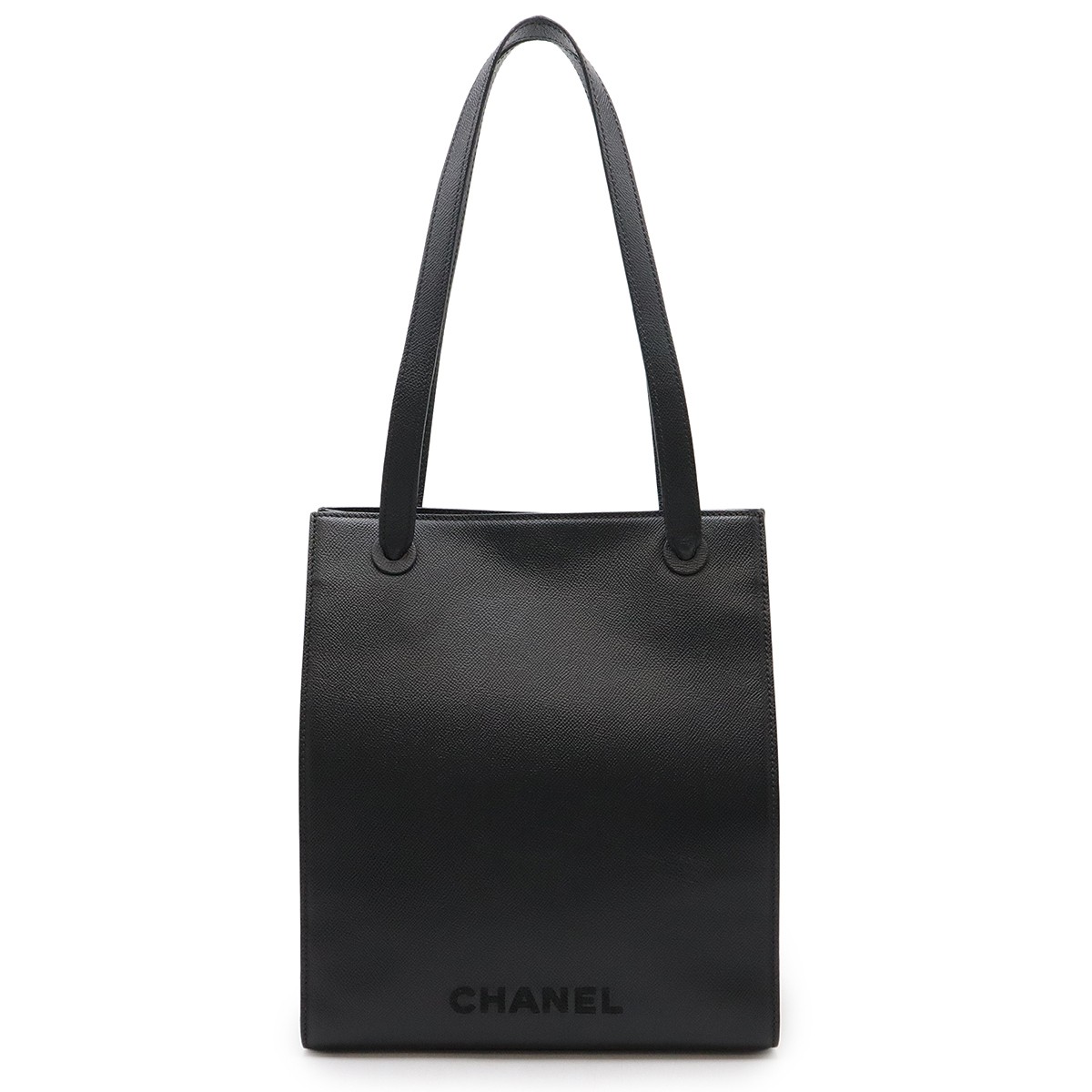 CHANEL black leather tote bag with logo embroidery semi shoulder style 461896