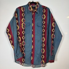 Vintage Wrangler Shirt Mens L Blue Pearl Snap Aztec Brushpopper Western Cowboy
