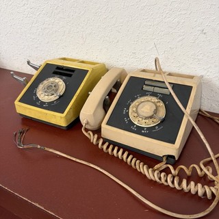 1965 pair of Western Electric 660 Dial Card Dialer Telephones Yellow & Beige