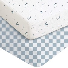 2 PCS 52x28 Inch Dreamfield Sky Baby Blue Plaid Muslin Fitted Crib Sheets