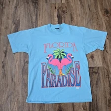 Vtg 80s Florida TShirt Paradise  L Single Stitch Flamingo Pink Puffer Beach