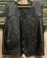 Mens Leather Vest Lined Black Mosaic Patchwork Snaps Pockets Boho Biker - AS IS
