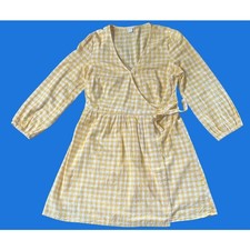 Old Navy Gingham Wrap Dress Yellow White Cotton Long Sleeve L