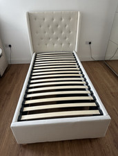Beige Upholstered Fabric Single Bed Frame with Slatted Base, Modern Wood