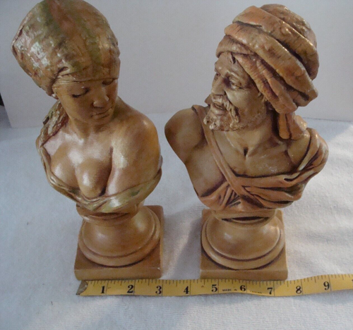 Vtg Arabian Man & Woman Bust Chalkwae Figures Brown Glossy Finish 9"x5"