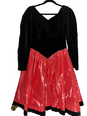 LAURA ASHLEY 黒赤ベルベットケープ　ビンテージ Laura Ashley VTG Red Taffeta Black Velvet 80s Party Zip Dress