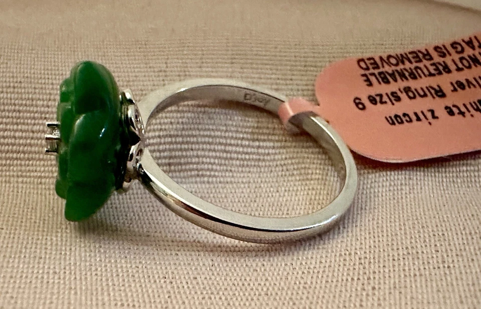 7.54ctw JARDIN COLLECTION Green Jade Carved Flower Ring Rhodium Plated Size 9 - Image 4 of 4