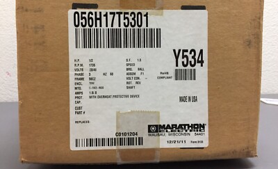 Marathon Electric 056H17T5301B Vector Motor 1/2 HP, 1.52 Lb-Ft, 230/460V