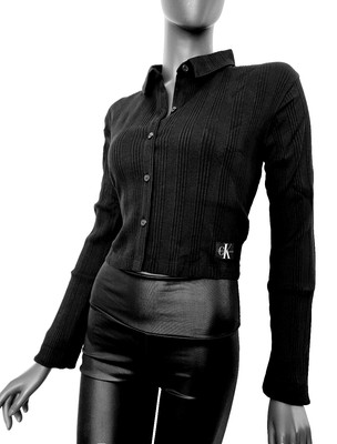 Calvin Klein Strickjacke Badge Elongated Kurzjacke Rib Struktur Gr.XL 38/40