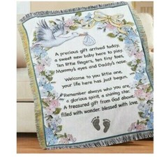 Newborn Baby Tapestry Throw Blanket Floral w Stork  Footprints Shower Keepsake