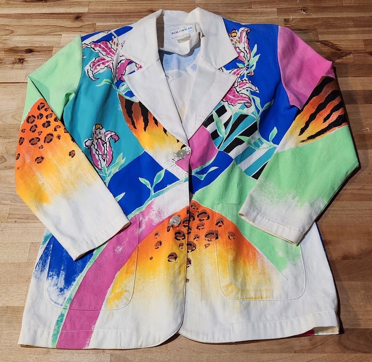 VTG Kolorway USA Womens Hand Painted Button Up Animal Print Shirt 