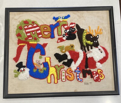  Merry Christmas  Crewel Yarn Wall Art Framed 80 s Vintage Santa Reindeer*Stains