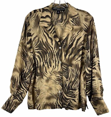 Josephine Chaus Silk Blouse Womens Brown Animal Print Long Sleeve Button Sz 12