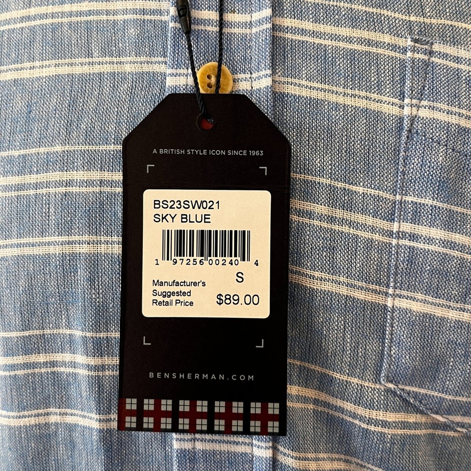 Ben Sherman Blue White Striped Shirt Linen Blend Short Sleeves 89 NEW