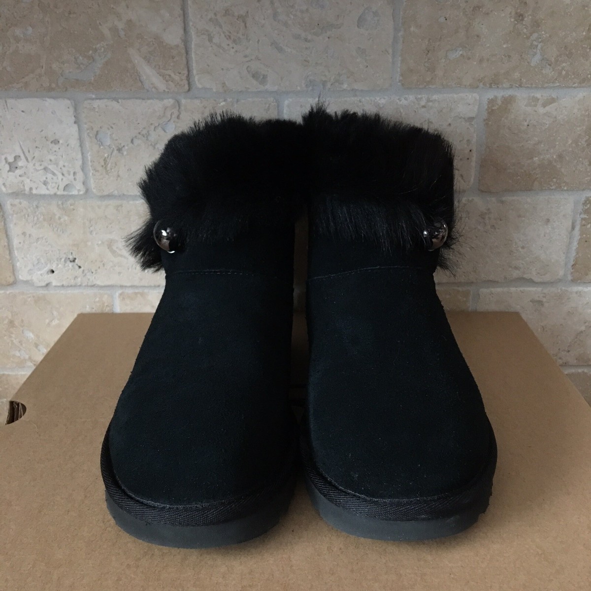 UGG CLASSIC FLUFF PIN MINI BLACK SUEDE SHEEPSKIN CUFF ANKLE BOOTS