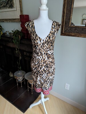 BOSTON PROPER Women's 6 Animal Print Tan Sheath Ruched Dress Short Sleeve 168