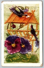 Bird Carrying An Envelope, Bird House, Purple Flowers Art Postcard, P6