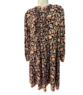 Natalie Martin 100% Silk Floral Pintuck Dress M Pink Peach on Black Boho Resort