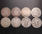 8 90% Silver Quarters (1854 to 1927, $2 FV, Seated Liberty, Barber, SL)