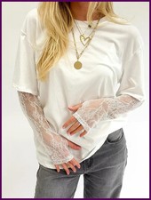 Women Round Neck T-Shirt Lace Long Sleeve Casual Shirts Spring Fall Loose Fit