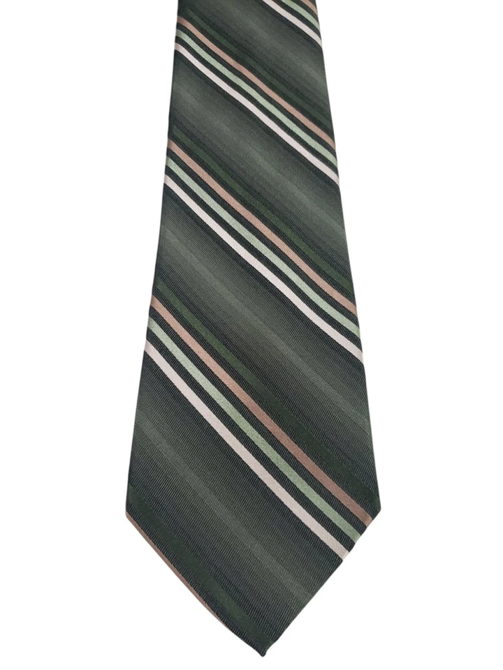 Corbata de diseñador Statements para hombre de lujo verde tostado crema rayas corporativa Foto 2 de 4