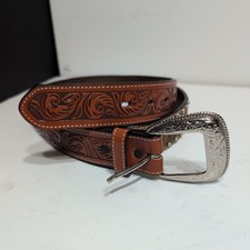 3D Western Belt 34 Studded Cow Hide Tan Tooled Leather Design