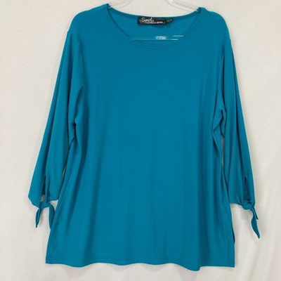 #ad Sympli Top size 14 Blue Teal Tie Sleeve Stretch Knit Comfy Preppy Office $28.00
