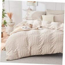 Beige Duvet Cover Queen Size, Ultra Soft 3-Piece Seersucker Duvet Cover Set