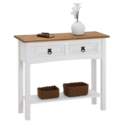 Console table meuble d'appoint style mexicain 2 tiroirs pin lasuré blanc et brun - Photo 1/4