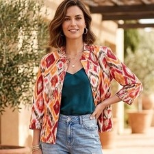 Chico's Jacket Women Medium Orange Ikat Cotton Linen Ruffle Cuff Boho Casual