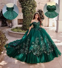 Glitter Tulle Quincea era Dress Off Shoulder Ball Gowns 3D Lace Flowers Sweet 15