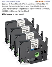 Oozmas Tze 12 mm 0.47" Laminated White TZE-231 Black Ink Label Tape - 4 Pack