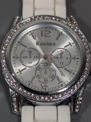 Kanima Silver Tone Dial Crystal Accent Round Case White Silicone Band Watch