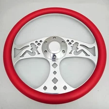 14" Billet Mudflap Girl Red Vinyl Steering Wheel Horn Chevy Lowrider