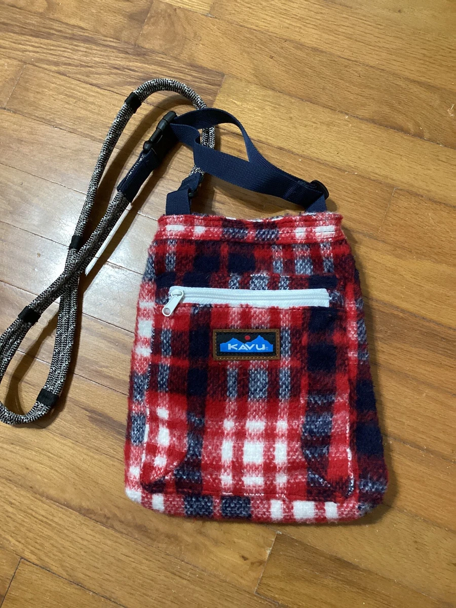 Kavu Rope Sling Crossbody Americana Flannel Fuzzy Red White And Blue Plaid